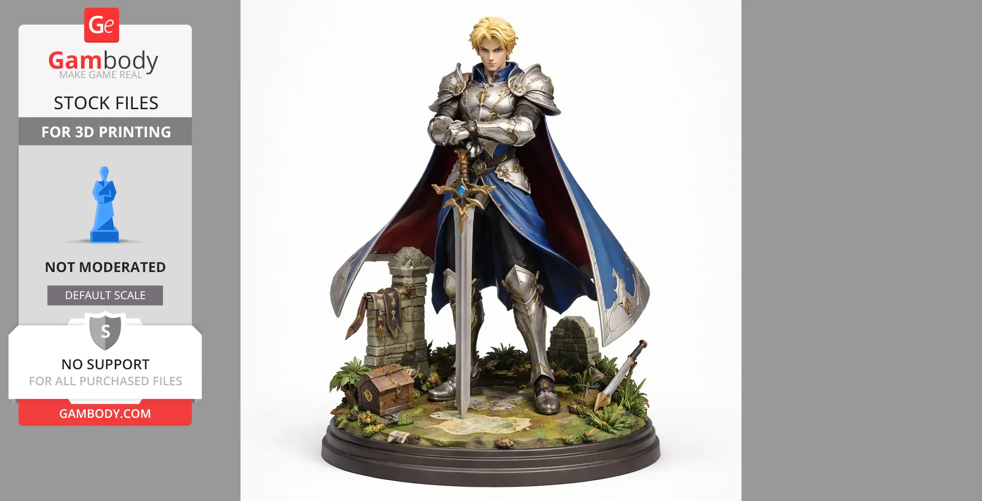 Knight figure in armor with a sword, standing on a detailed base with ruins and foliage.