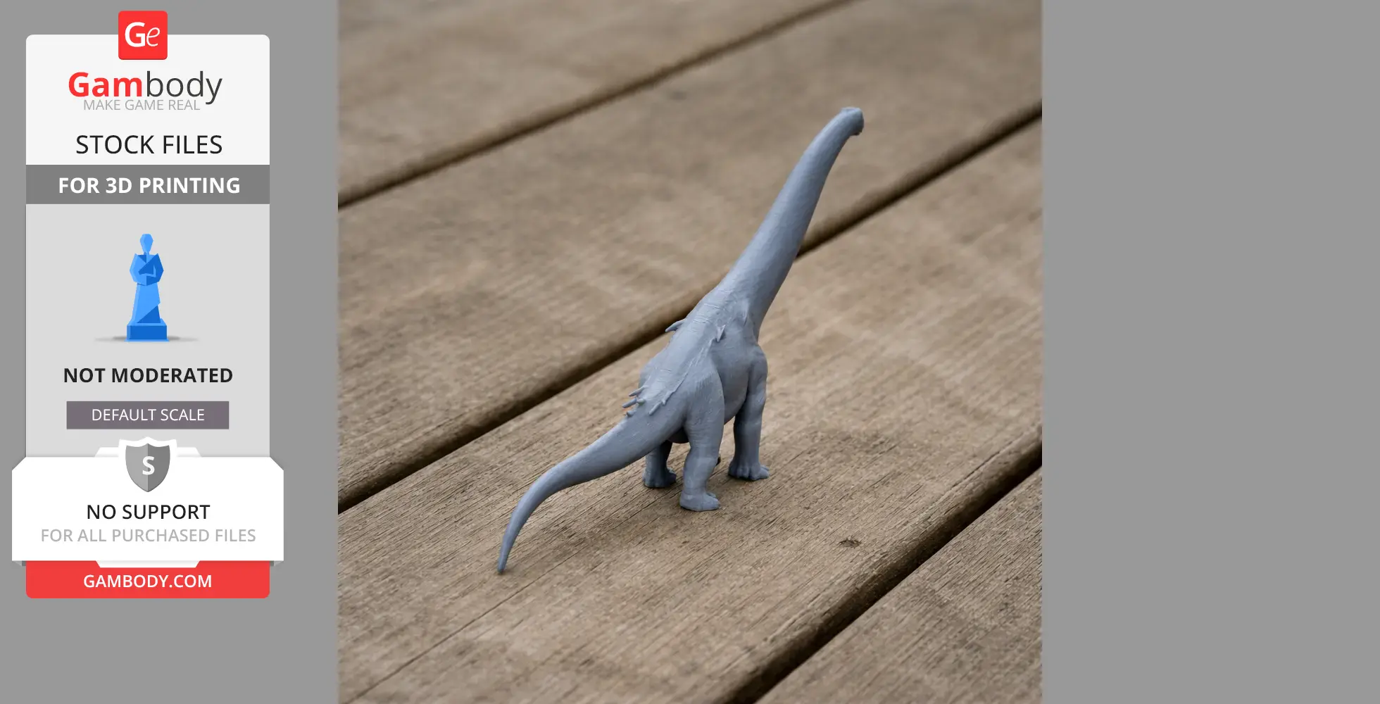 A 3D printed model of an Adamantisaurus dinosaur on a wooden surface.