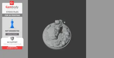 A 3D model of a standing character in a jacket on a detailed circular base with objects and textures.