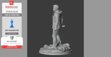 3D model of a standing male figure with a hooded jacket, holding a flashlight and book, on a textured base.