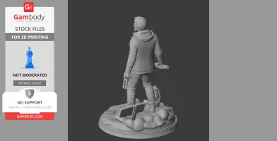 3D model of a standing man holding an object, wearing a jacket, on a detailed base with various items.