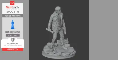 A detailed 3D model of a rugged man holding a flashlight and gun, standing on a cluttered base.