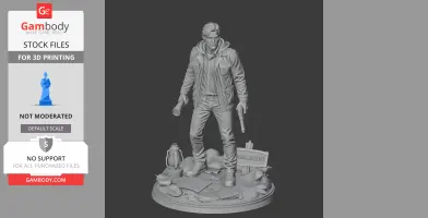 A 3D model of a man holding a flashlight and gun, standing on a detailed base with scattered papers and items.