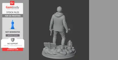 A 3D printed figure in a hoodie holding a flashlight and gun stands on a detailed base with a lantern and book.
