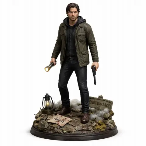 3D model of a man holding a flashlight and gun, standing on a detailed rocky base with a lantern.