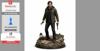 A character figure with a flashlight and gun on a detailed base with signs and a lantern.