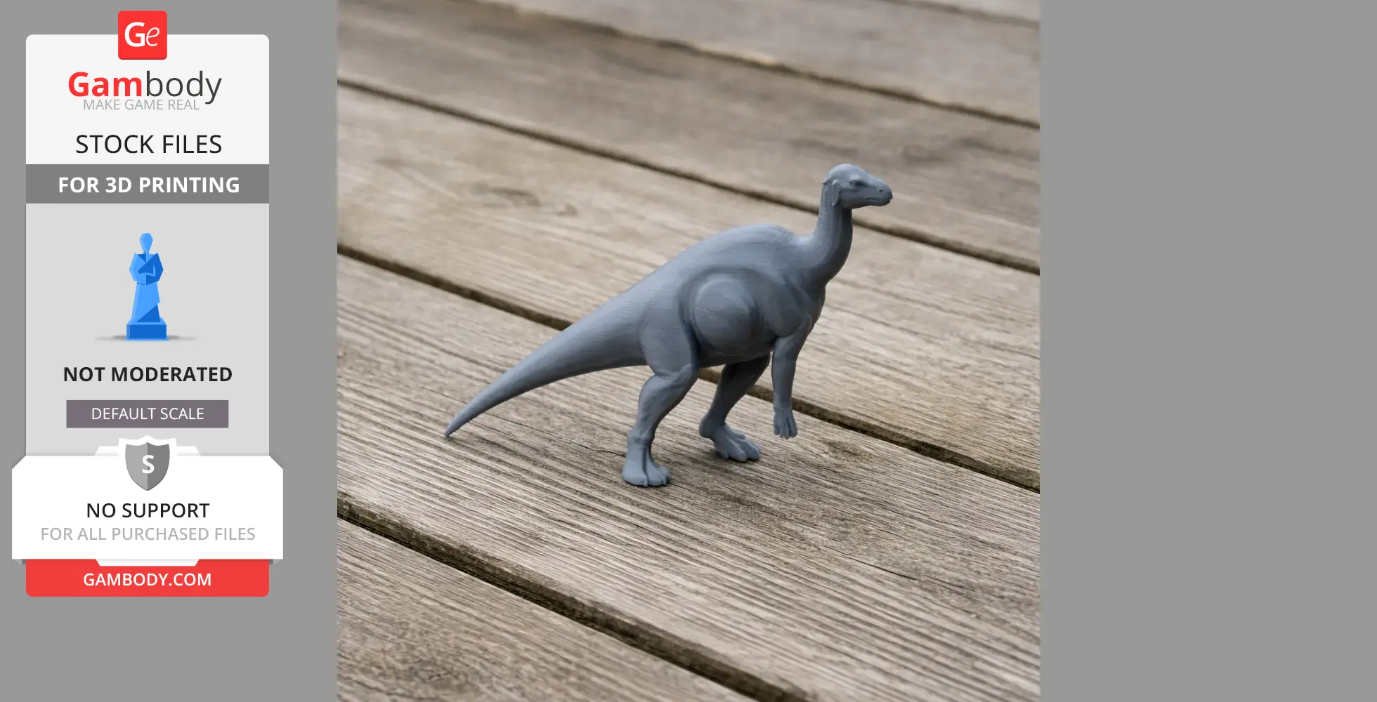 A gray 3D printed model of a dinosaur, Adelolophus, stands on a wooden surface.