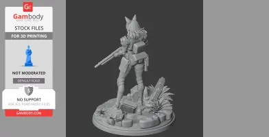 Armored female warrior with rifle, standing on a rocky base with plants and machinery.
