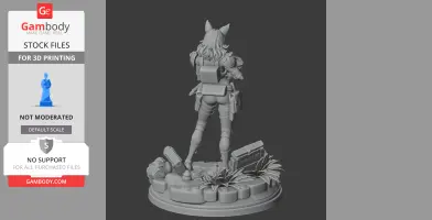 A 3D model of a character in armor with a backpack, standing on a base with plants and crates.