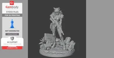 A detailed 3D model of an armored figure with animal ears, holding a rifle, standing on a rocky base.