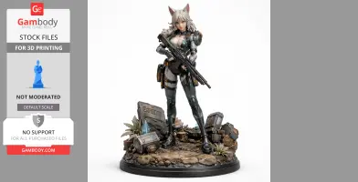 A detailed figure of a futuristic warrior with cat ears, armored suit, holding a rifle, stands on a rocky base.