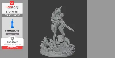 A detailed 3D model of a female character in armor holding a rifle, standing on a textured base with plants.