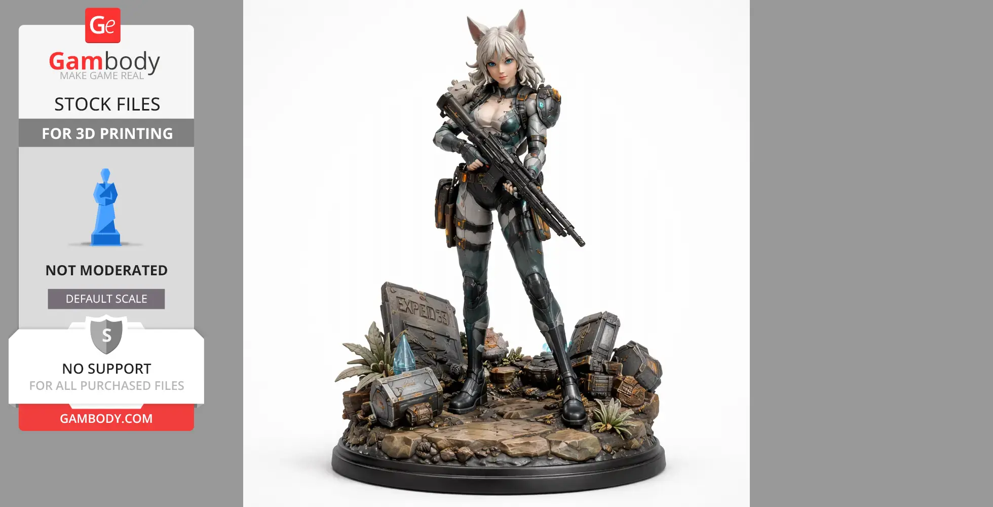 A detailed figure of a futuristic warrior with cat ears, armored suit, holding a rifle, stands on a rocky base.