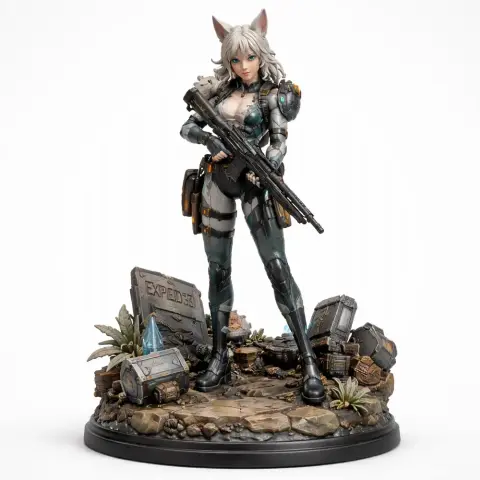 Armored female warrior with cat ears holding a rifle, standing on a rocky base with supply crates.