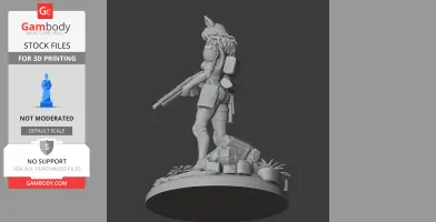 3D model of a futuristic armored character holding a rifle, standing on a detailed rocky base.