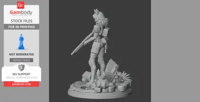 Warrior figure in armor with wolf-like ears, holding a rifle, standing on a rocky base with plants.