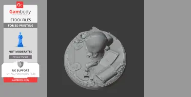 A hooded character standing on a detailed circular base with various small items around.