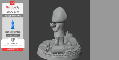 Character figure with a hood holding an object, standing on a detailed base with props.