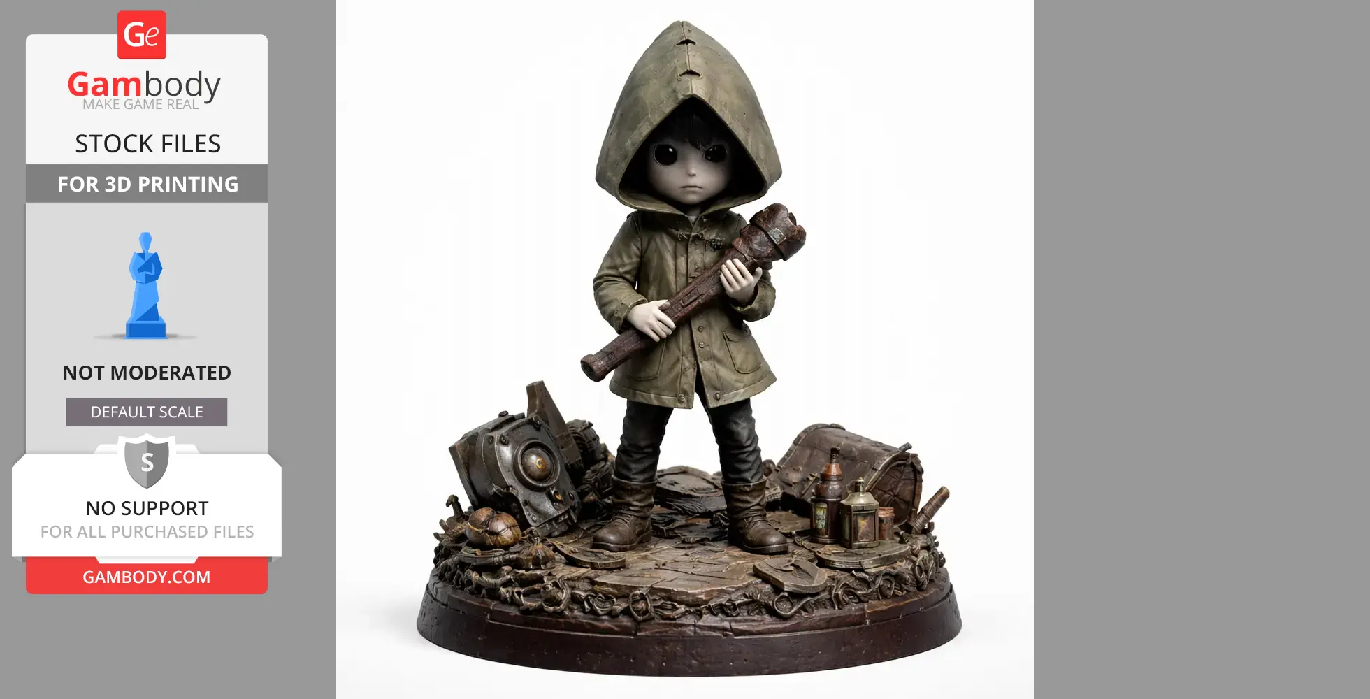 A hooded figure holding a weapon stands on a detailed base with machinery and bottles around.