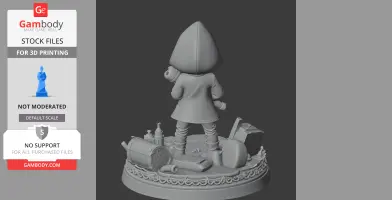 A hooded character figure stands on a base with scattered objects, holding a flashlight.