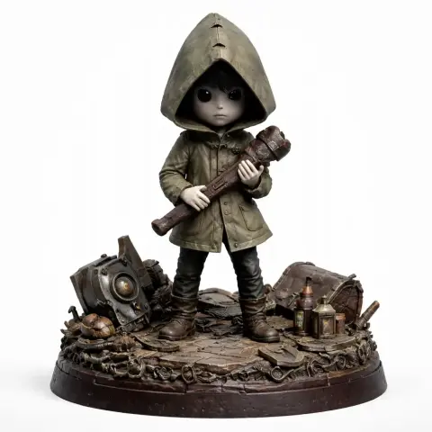 Hooded figure holds wooden weapon on detailed base with objects, inspired by 'Little Nightmares III.'