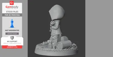 Hooded figure holding an object, standing on a detailed base with various items scattered around.