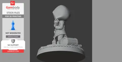 Hooded character figure holding an object with gear on a decorative base, ready for 3D printing.