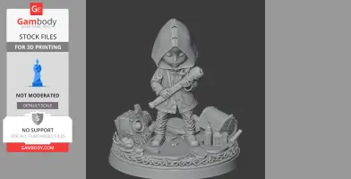 A hooded figure from 'Little Nightmares III' holding a large tool, standing on a detailed base.