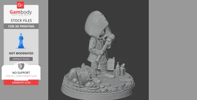 Hooded child figure from Little Nightmares III holding a flashlight, standing on a detailed base.