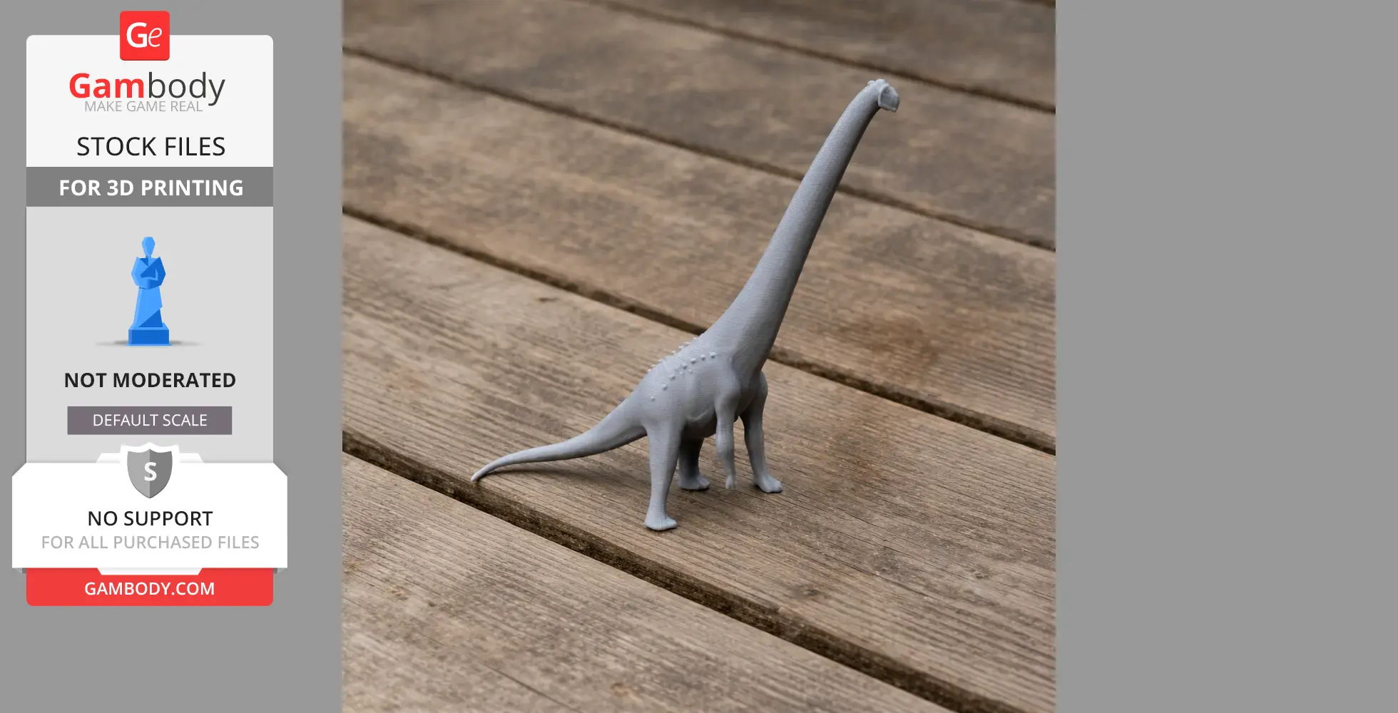 3D-printed model of Aegyptosaurus on a wooden surface, showcasing its long neck and tail.