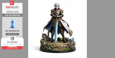 An armored figure with silver hair stands holding a glowing blue sword on a detailed base with various elements.