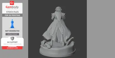 A detailed 3D model of a cloaked character with ornate armor, standing on a decorative base.