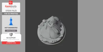 A detailed figure of a character in dynamic pose, holding a sword, on a decorated circular base.
