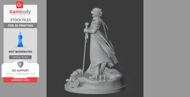 A detailed 3D model of a cloaked warrior holding a sword, standing on a themed base.