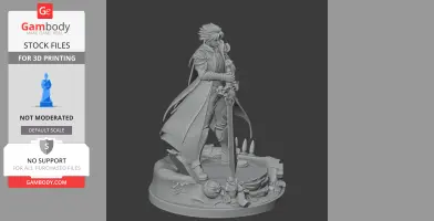 A detailed character figure in a long coat holding a large sword, standing on a textured base.