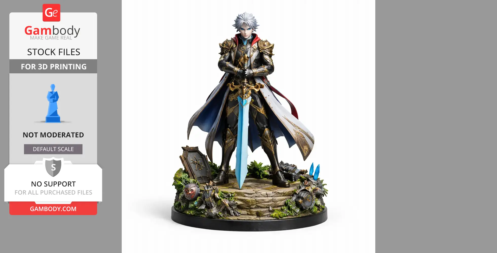 An armored figure with silver hair stands holding a glowing blue sword on a detailed base with various elements.