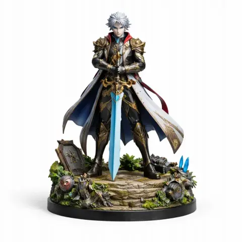 Knight in ornate armor holding a large blue sword, standing on a decorated, rocky base with greenery.