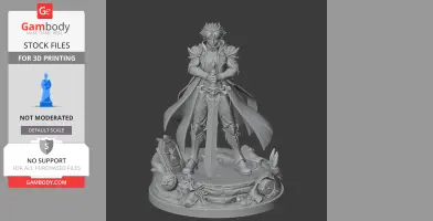 Fantasy character with a sword, standing on a detailed base with decorative elements.