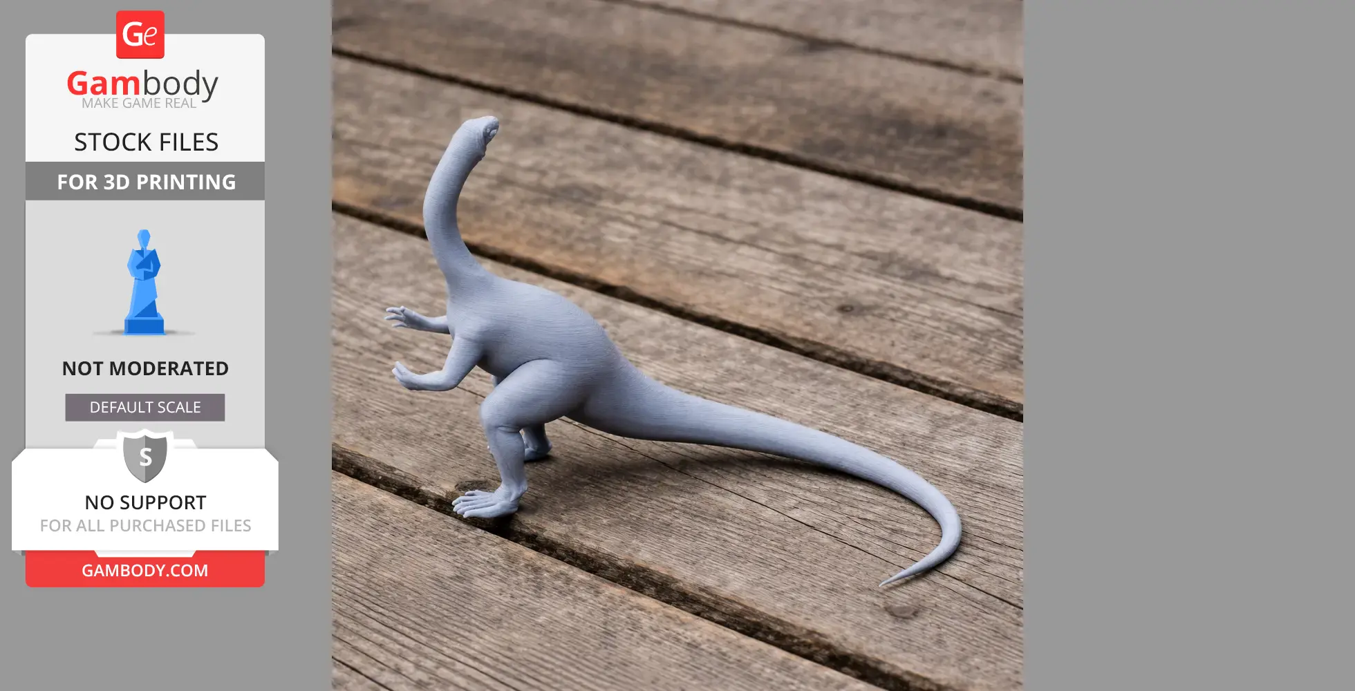 A gray 3D-printed model of a dinosaur with a long neck and tail stands on a wooden surface.