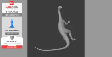 Gray 3D model of a long-necked prehistoric animal standing on two legs, tail extended.