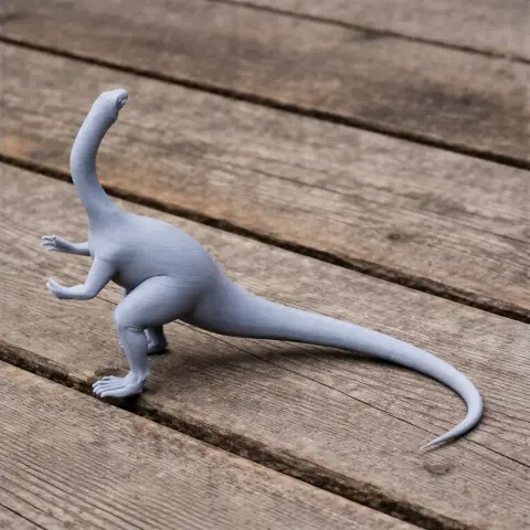 A 3D printed model of a dinosaur with a long neck and tail, standing on a wooden surface.
