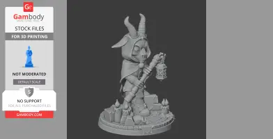 A horned character figure in a cloak holding a lantern, surrounded by candles on a detailed base.