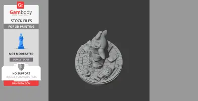 Anthropomorphic figure with a beaked head, standing on a round, detailed base with scattered objects.