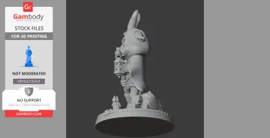 A horned character in a cloak holding a staff with a lantern, standing on a round base with candles.