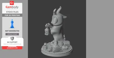 A horned character figure holding a lantern, standing on a detailed round base with objects.