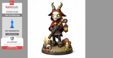 A horned character in a red cloak holds a staff, surrounded by candles and a skull on a stone base.