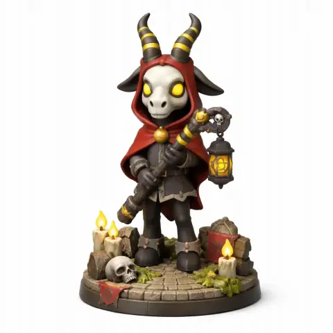 Goat-headed figure in red cloak holding a staff, standing on stone base with candles and skull.
