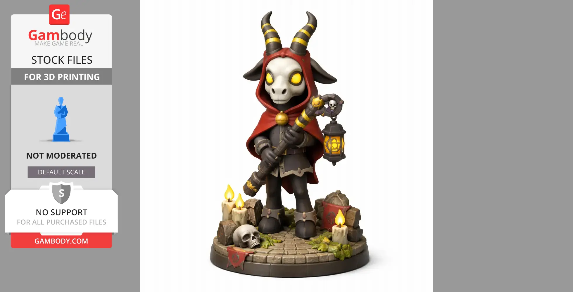 A horned character in a red cloak holds a staff, surrounded by candles and a skull on a stone base.