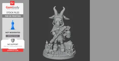 A horned figure in a cloak holds a staff and lantern, surrounded by candles and skulls on a decorated base.