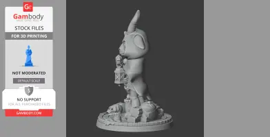 Character figure with large horn, holding a lantern, standing on a detailed base with skulls and stones.